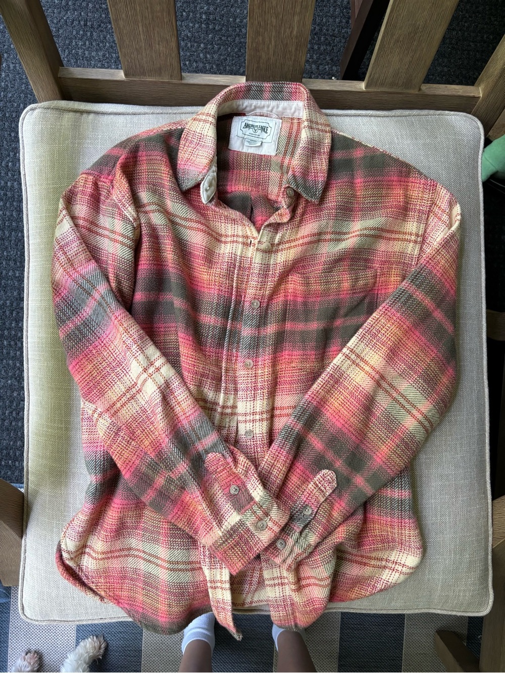 American Eagle Outfitters Pink & Cream Plaid Button-Up